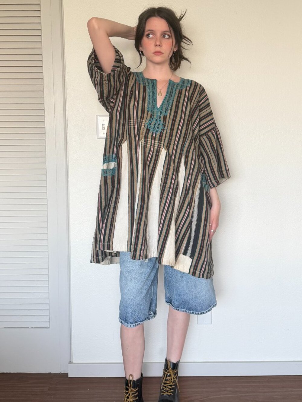 70s Striped Tunic (2XL) beige blue vintage top boho oversized hippie stoner cool